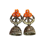 Trendy Floral Jhumka Earrings | Antique Gold Jhumka | Multicolor (Pink, Orange, Green) | Ethnic & Party Wear - Image 4