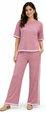 Women’s Pink Co-ord Set with Contrast Piping | Casual Comfort Fit Top & Palazzo Set - Image 2