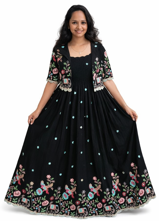 4 Women’s Embroidered Vichitra Silk Anarkali Gown with Detachable Jacket - Image 1