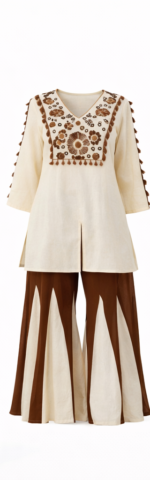 Women Cream & Brown Embroidered Kurta Set | Designer Ethnic Co-ord Set with Palazzo | Party & Festive Wear - Image 3
