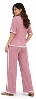 Women’s Pink Co-ord Set with Contrast Piping | Casual Comfort Fit Top & Palazzo Set - Image 3