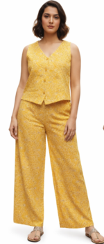 Women’s Yellow Printed Co-ord Set | Sleeveless V-Neck Top & Wide Leg Pants Casual Outfit - Image 2