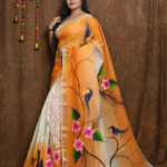 Sunset Canopy” Kerala Cotton Saree – Hand‑Painted Birds & Blossom on White‑to‑Orange Ombre, with Magenta & Gold Borders