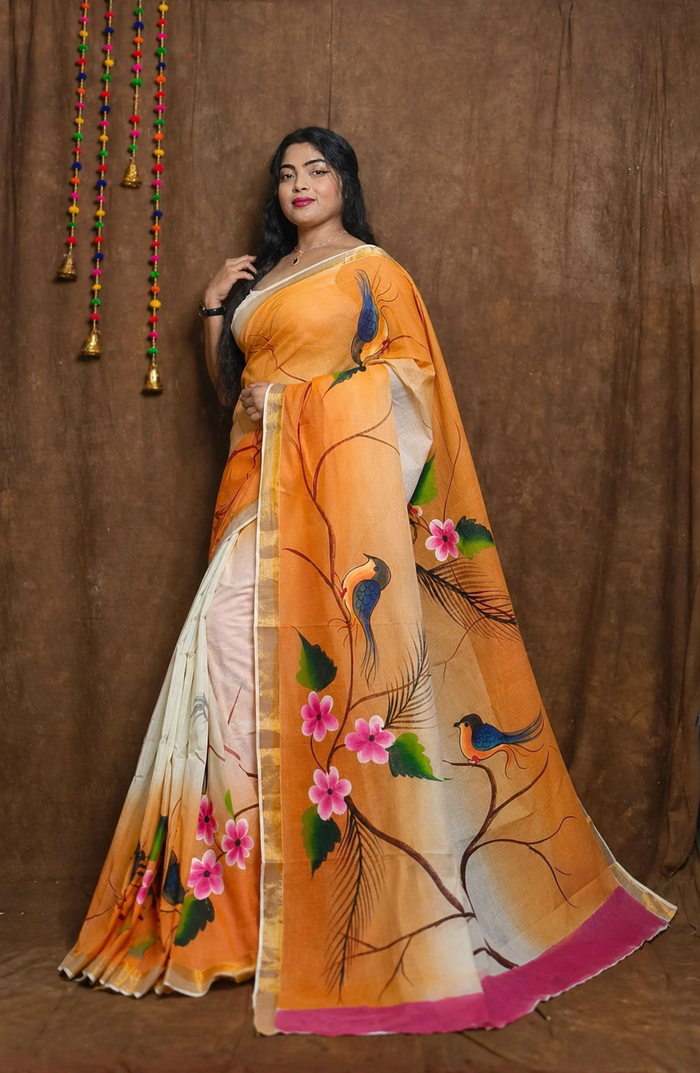 55bda1a0-1429-41d2-82ca-54163987d383 Sunset Canopy” Kerala Cotton Saree – Hand‑Painted Birds & Blossom on White‑to‑Orange Ombre, with Magenta & Gold Borders - Image 1