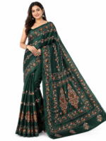Bottle Green Assam Silk Saree with All-Over Handcrafted Kantha Stitch