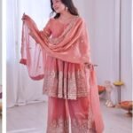 Women’s Peach Embroidered Kurta Palazzo Dupatta Set | Festive Ethnic Wear
