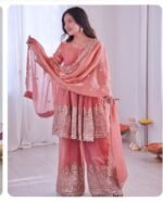 Women’s Peach Embroidered Kurta Palazzo Dupatta Set | Festive Ethnic Wear