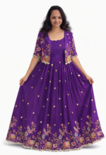 Women’s Purple Vichitra Silk Anarkali Gown with Detachable Jacket | Embroidered Party Wear Dress - Image 4