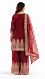 Women’s Wine Purple Embroidered Kurta Palazzo Dupatta Set | Festive Party Wear - Image 3