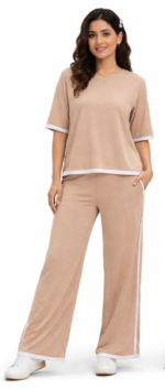 Women’s Beige Co-ord Set with White Contrast Piping | Casual Comfort Fit Top & Palazzo Set - Image 2
