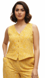 Women’s Yellow Printed Co-ord Set | Sleeveless V-Neck Top & Wide Leg Pants Casual Outfit - Image 4