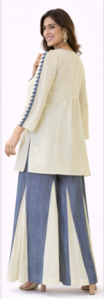 Cream & Blue Embroidered Kurta Palazzo Set for Women | Designer Ethnic Wear - Image 3