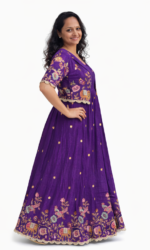 Women’s Purple Vichitra Silk Anarkali Gown with Detachable Jacket | Embroidered Party Wear Dress - Image 3