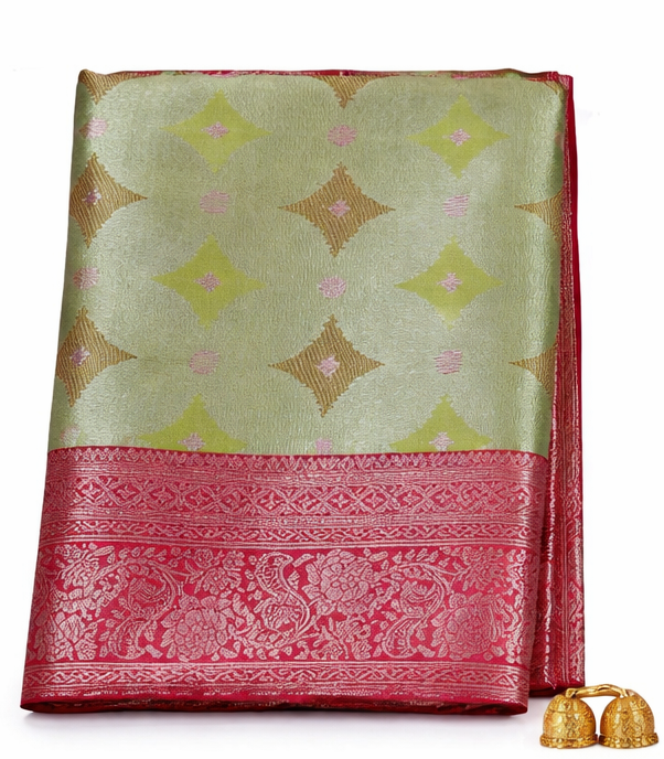 77 Women’s Premium Green Silk Saree with Red Zari Border | Designer Party Wear Silk Saree - Image 1