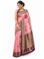 Blush Peach Handwoven Mahabalipuram Silk Saree with Deep Wine Gold Zari Contrast Border