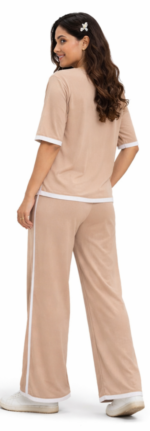 Women’s Beige Co-ord Set with White Contrast Piping | Casual Comfort Fit Top & Palazzo Set - Image 3