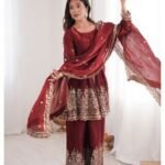Women’s Wine Purple Embroidered Kurta Palazzo Dupatta Set | Festive Party Wear