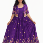 Women’s Purple Vichitra Silk Anarkali Gown with Detachable Jacket | Embroidered Party Wear Dress
