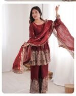 Women’s Wine Purple Embroidered Kurta Palazzo Dupatta Set | Festive Party Wear