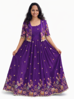 Women’s Purple Vichitra Silk Anarkali Gown with Detachable Jacket | Embroidered Party Wear Dress