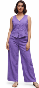 Women’s Purple Printed Co-ord Set | Sleeveless V-Neck Top & Wide Leg Pants Casual Outfit - Image 2