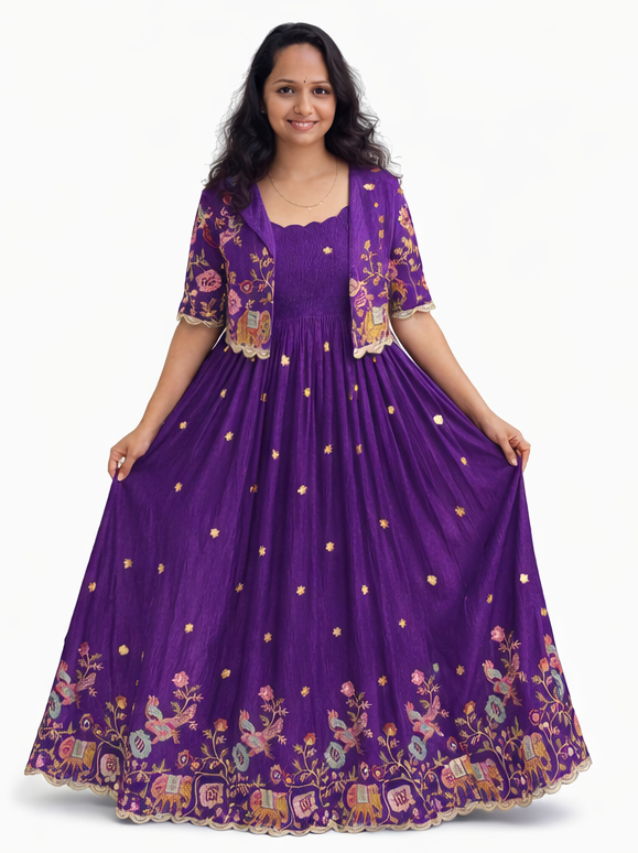 8 Women’s Purple Vichitra Silk Anarkali Gown with Detachable Jacket | Embroidered Party Wear Dress - Image 1