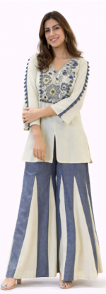 Cream & Blue Embroidered Kurta Palazzo Set for Women | Designer Ethnic Wear - Image 2