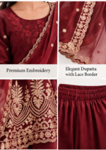 Women’s Wine Purple Embroidered Kurta Palazzo Dupatta Set | Festive Party Wear - Image 4