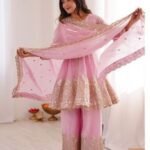 Women’s Pink Peplum Kurta Palazzo Set with Dupatta | Embroidered Ethnic Party Wear Suit (Baby Pink)