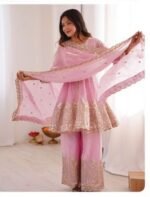 Women’s Pink Peplum Kurta Palazzo Set with Dupatta | Embroidered Ethnic Party Wear Suit (Baby Pink)