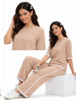 Women’s Beige Co-ord Set with White Contrast Piping | Casual Comfort Fit Top & Palazzo Set - Image 4