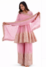 Women’s Pink Peplum Kurta Palazzo Set with Dupatta | Embroidered Ethnic Party Wear Suit (Baby Pink) - Image 2