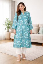 Women Teal Green Floral Cotton Kurti | Stylish Printed Kurta | Casual & Office Wear (M–XXL)