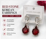 Red Stone Korean Earrings for Women | Elegant Drop Earrings with Crystal Finish | Trendy Fashion Jewelry