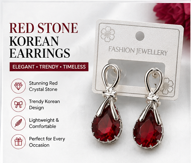 Cha1 Red Stone Korean Earrings for Women | Elegant Drop Earrings with Crystal Finish | Trendy Fashion Jewelry - Image 1