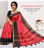 Coral Basanti Linen Saree with Black Border & Golden Zari | Elegant Office & Festive Wear Saree for Women - Image 3