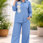 Women Denim Co-Ord Set with Floral Applique Shirt & Wide Leg Pants | Casual Stylish Outfit