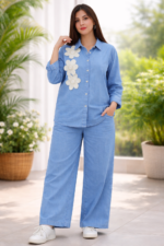 Women Denim Co-Ord Set with Floral Applique Shirt & Wide Leg Pants | Casual Stylish Outfit