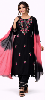 Black Embroidered Kurta Set for Women with Pink Dupatta | Ethnic Party Wear Kurti Set - Image 2