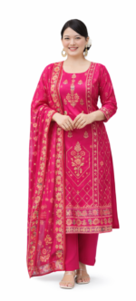 Women’s Purple Pink Printed Kurta Set with Dupatta | Ethnic Wear Straight Kurti Pant Set for Women - Image 2