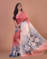 Blush Mist Semi Murshidabad Bapta Silk Saree – Pink & Light Blue-Grey with White Floral Handblock Prints + Blouse - Image 2