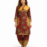 Premium Poly Rayon Printed Cord Set for Women (Maroon & Mustard) – XL Size - Image 3