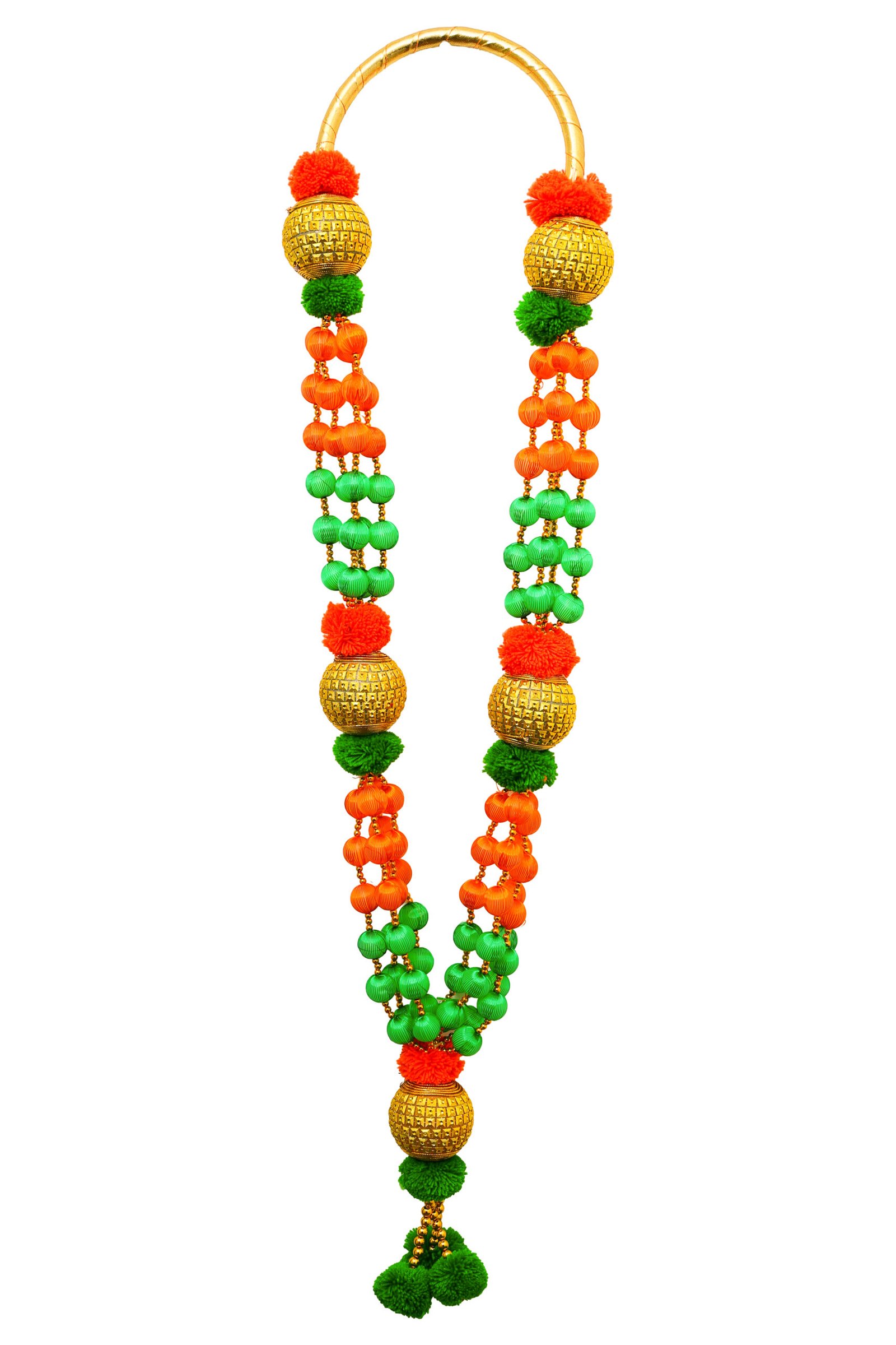 IMG_3934 copy BJP Party Malai | Traditional 4 Line BJP Malai | 40 Inch Artificial Garland | Orange Green Gold Beads | VIP Welcome Decoration - Image 1