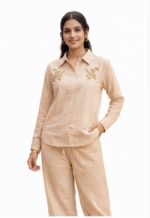 Women’s Beige Cotton Co-ord Set | Casual Shirt & Pant Set | Summer Comfortable Outfit for Women - Image 2