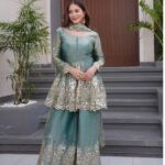 Women’s Designer Peplum Kurta Sharara Set with Dupatta | Embroidered Ethnic Party Wear (Sea Green)