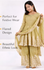 Women’s Mustard Yellow Peplum Kurta Palazzo Set with Dupatta | Embroidered Ethnic Party Wear Suit - Image 4