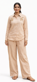 Women’s Beige Cotton Co-ord Set | Casual Shirt & Pant Set | Summer Comfortable Outfit for Women - Image 3
