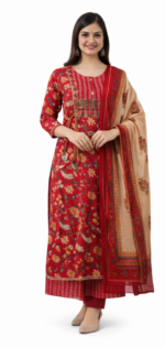 Women’s Red Floral Printed Kurta Set with Beige Dupatta | Elegant Ethnic Wear Kurti Pant Set - Image 2