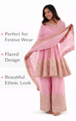 Women’s Pink Peplum Kurta Palazzo Set with Dupatta | Embroidered Ethnic Party Wear Suit (Baby Pink) - Image 4