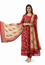 Women’s Red Floral Printed Kurta Set with Beige Dupatta | Elegant Ethnic Wear Kurti Pant Set - Image 4